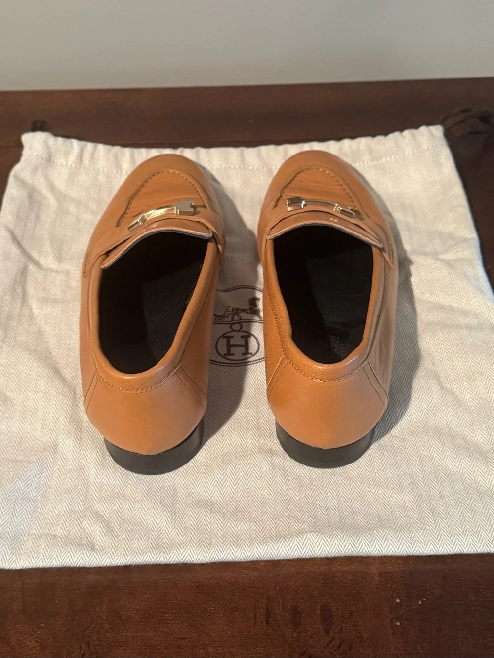 Authentic Hermes Paris Loafers Gold Tan Leather H Buckle Flats Size EU 36.5 US 6
